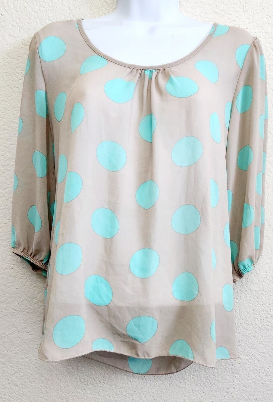 Heartsoul Tan Teal Polka Dot Top Medium Crisscross Back Lightweight Flowy Soft